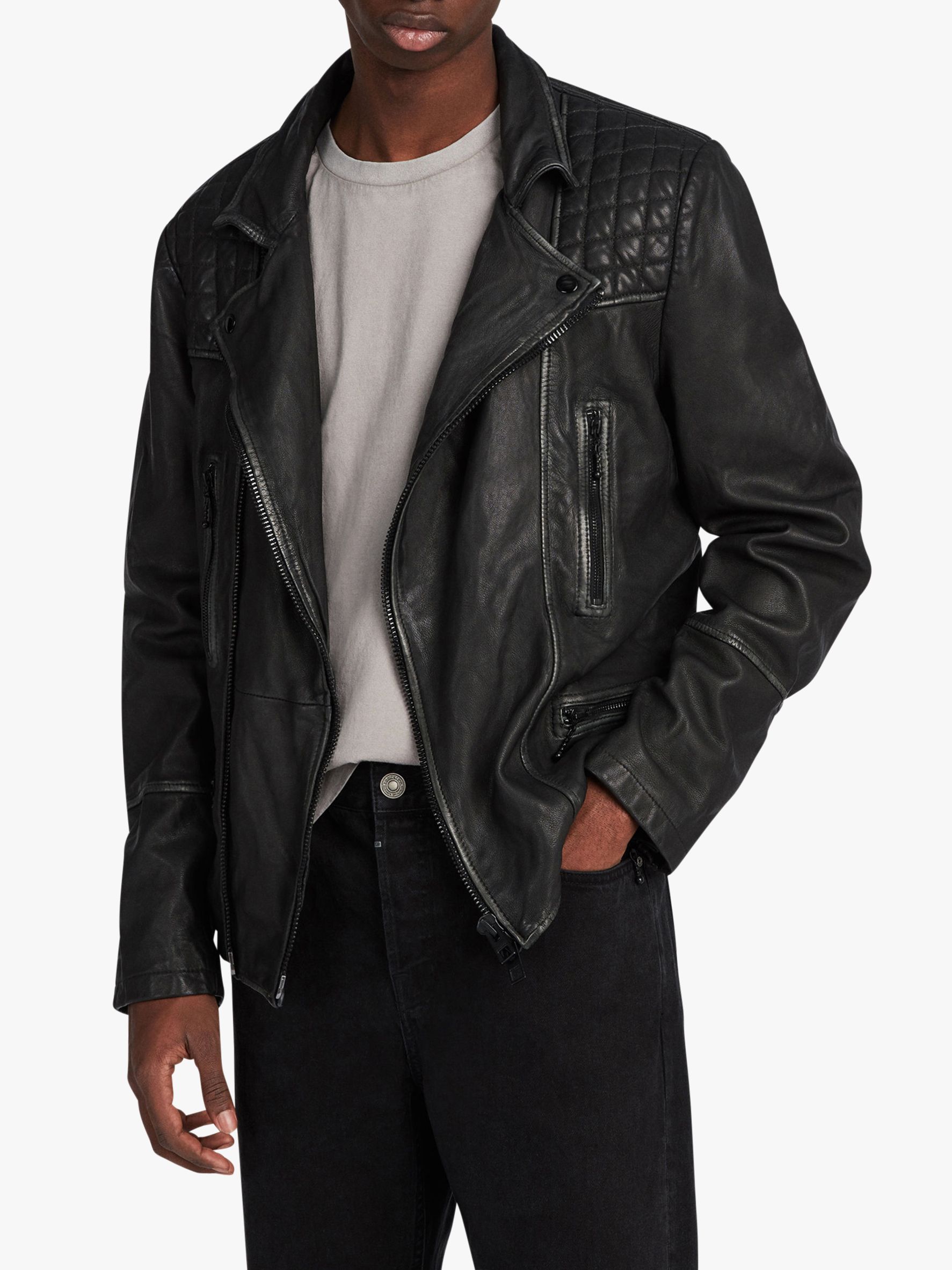 AllSaints Cargo Leather Biker Jacket, Black/Grey