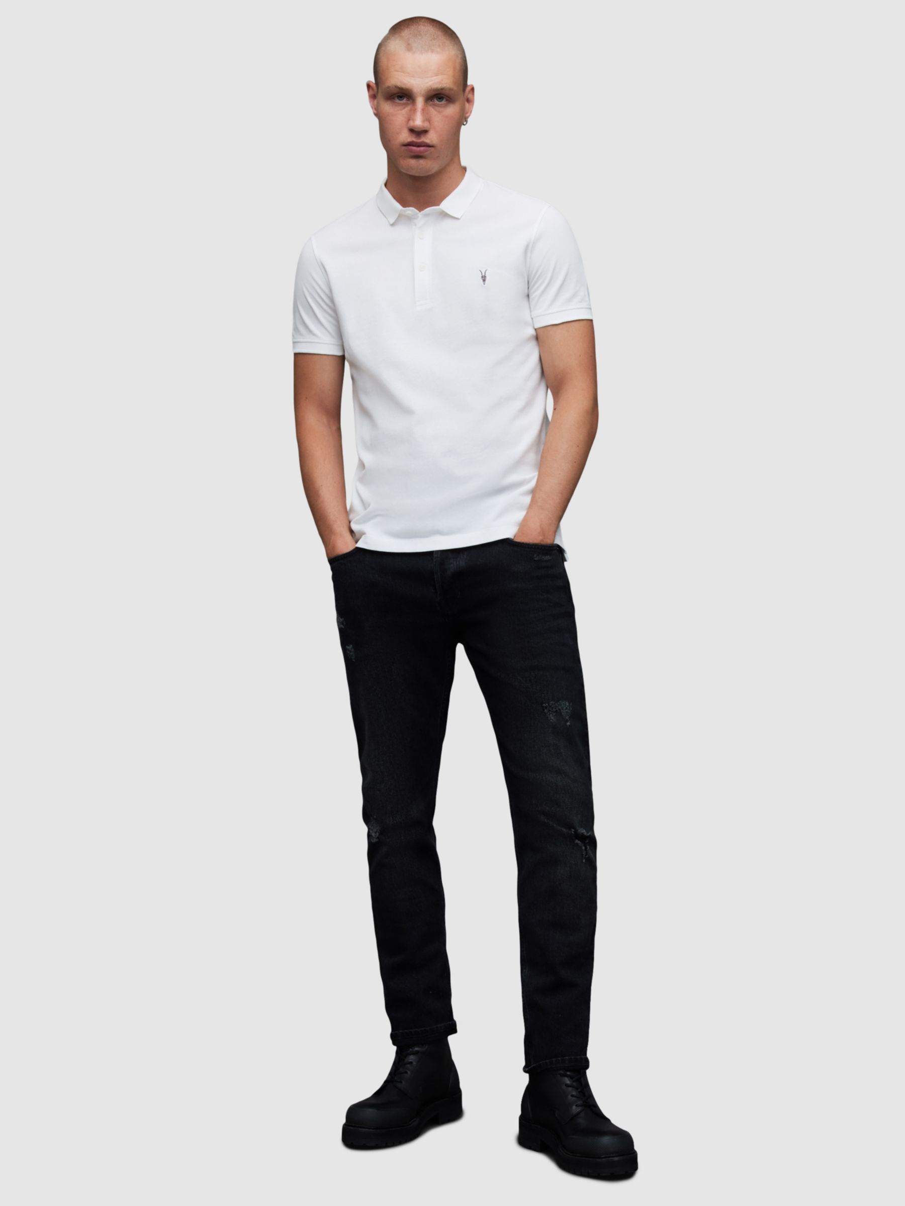 AllSaints Reform Short Sleeve Slim Polo Shirt, Optic White, XS