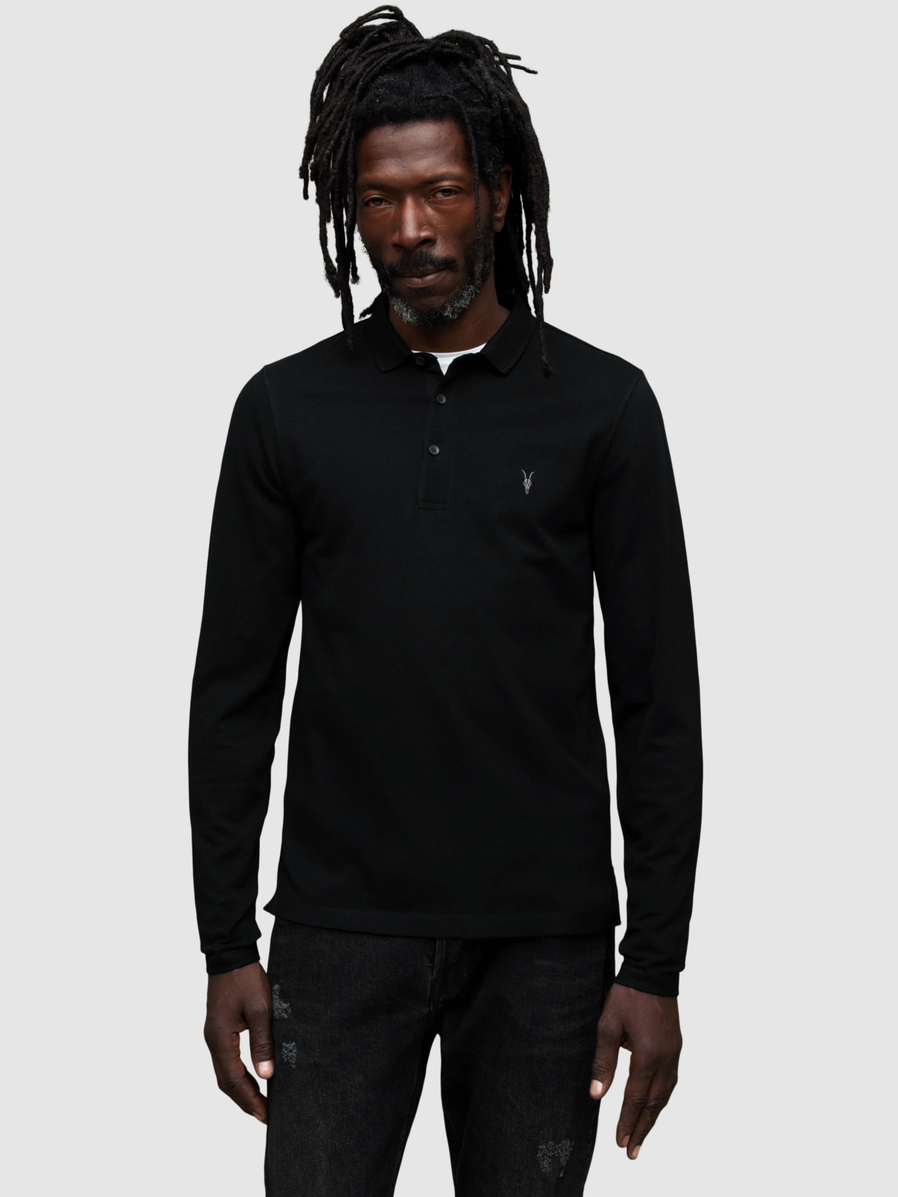 AllSaints Reform Long Sleeve Polo Shirt, Black at John Lewis & Partners