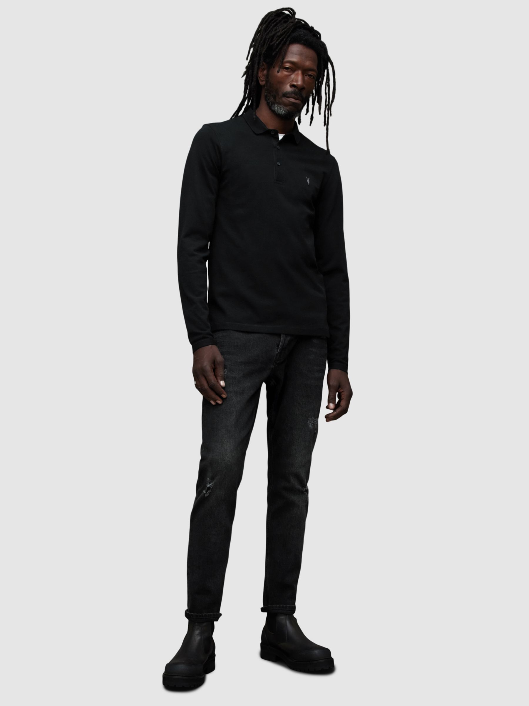 AllSaints Reform Long Sleeve Polo Shirt, Black, XS
