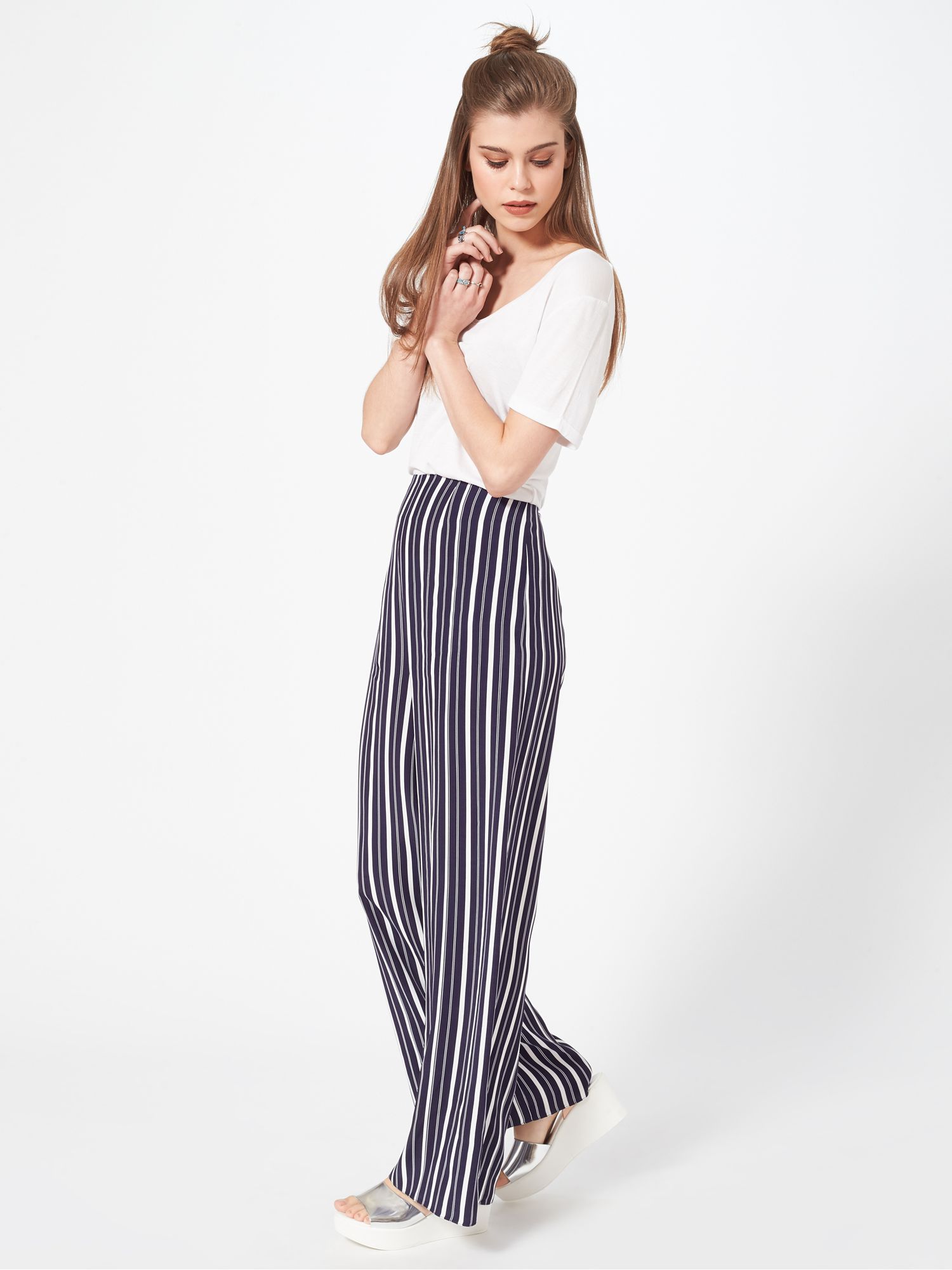 navy stripe wide leg trousers