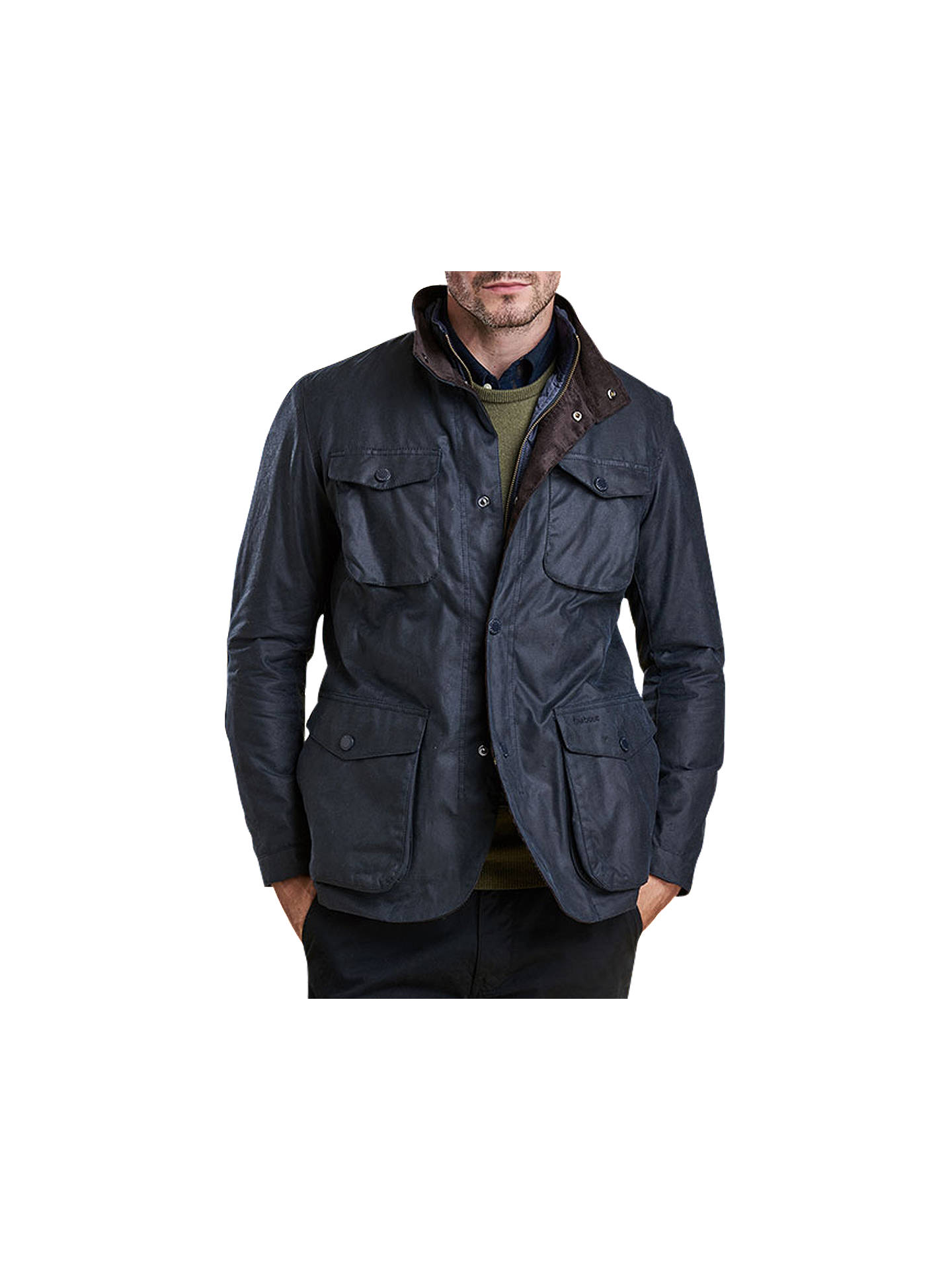 Barbour Ogston Waxed Jacket, Navy at John Lewis & Partners