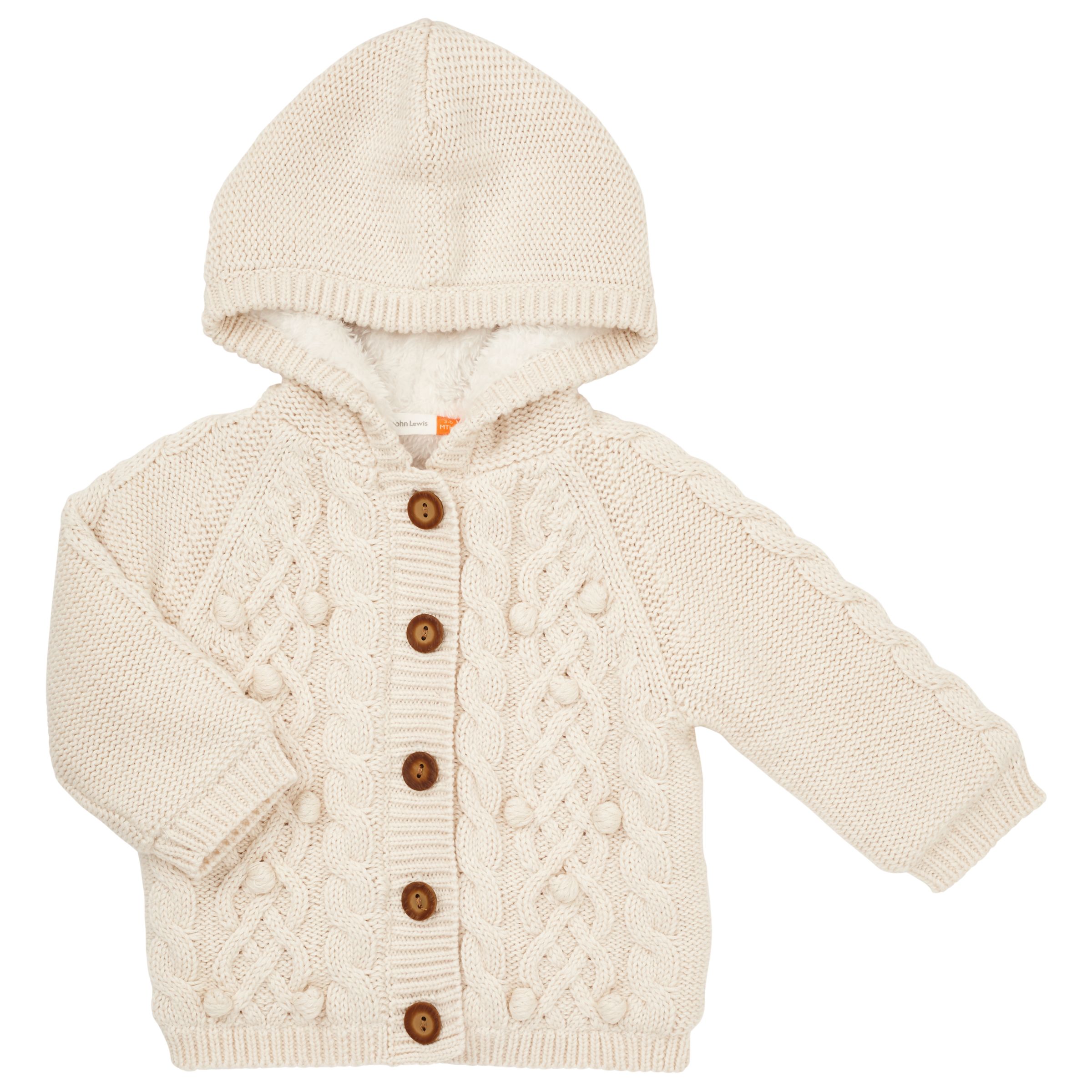 John Lewis & Partners Baby Cable Knit Hooded Cardigan, Cream