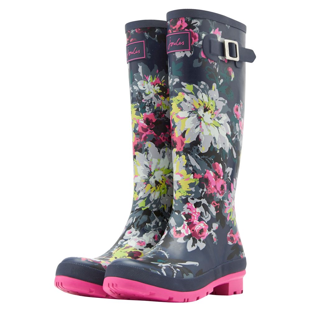 Joules Floral Print Wellington Boots, Navy