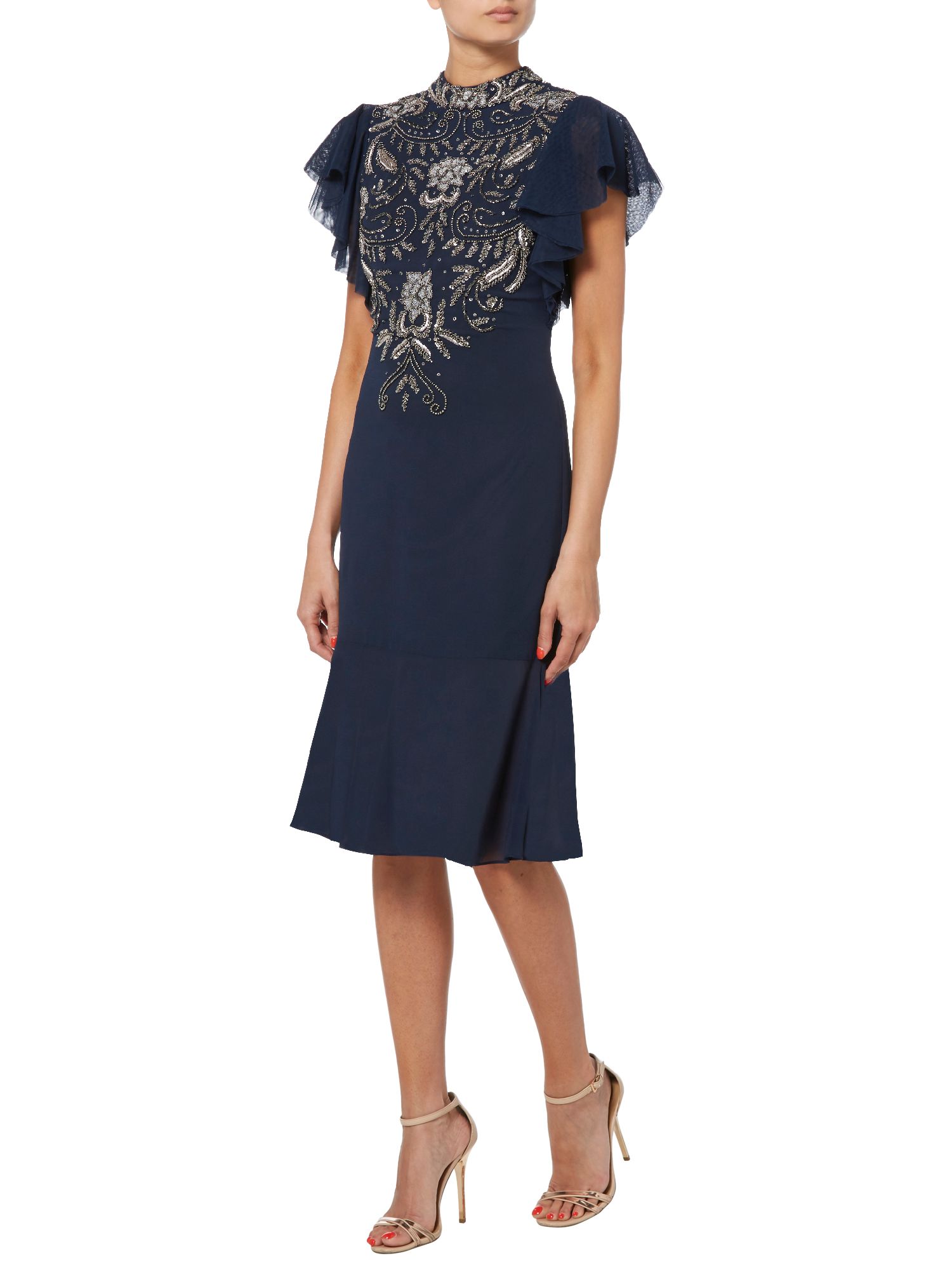 Raishma Angel Sleeve Embroidered Dress, Navy