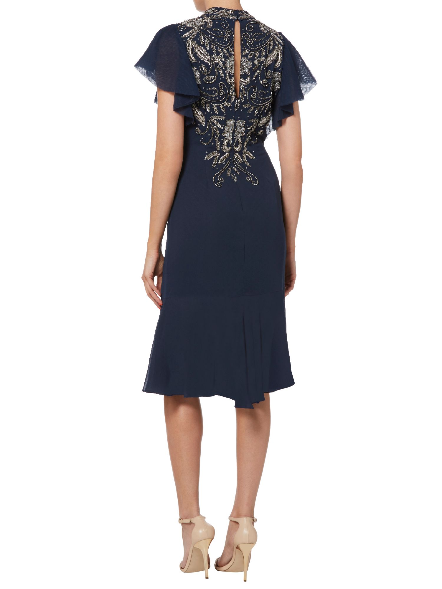 Raishma Angel Sleeve Embroidered Dress, Navy