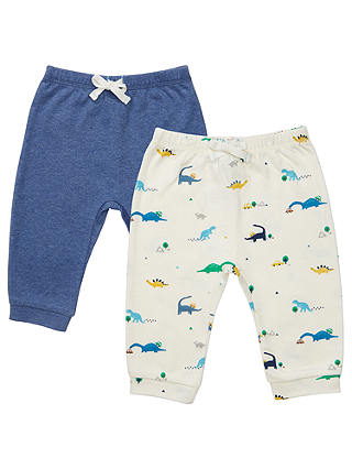 John Lewis & Partners Baby Plain and Dinosaur Print Joggers, Pack of 2, Blue/White