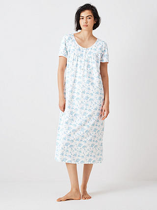 John Lewis Rei Floral Short Sleeve Cotton Nightdress, Ivory/Blue
