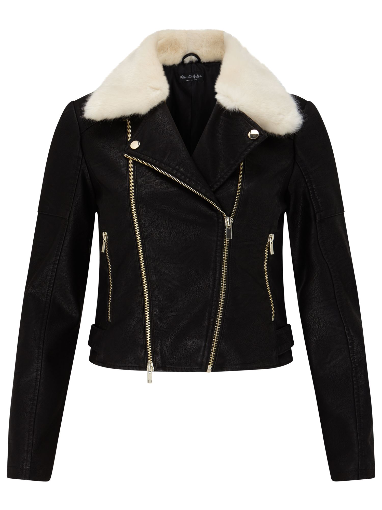 Miss Selfridge Faux Fur Collar Biker Jacket, Black