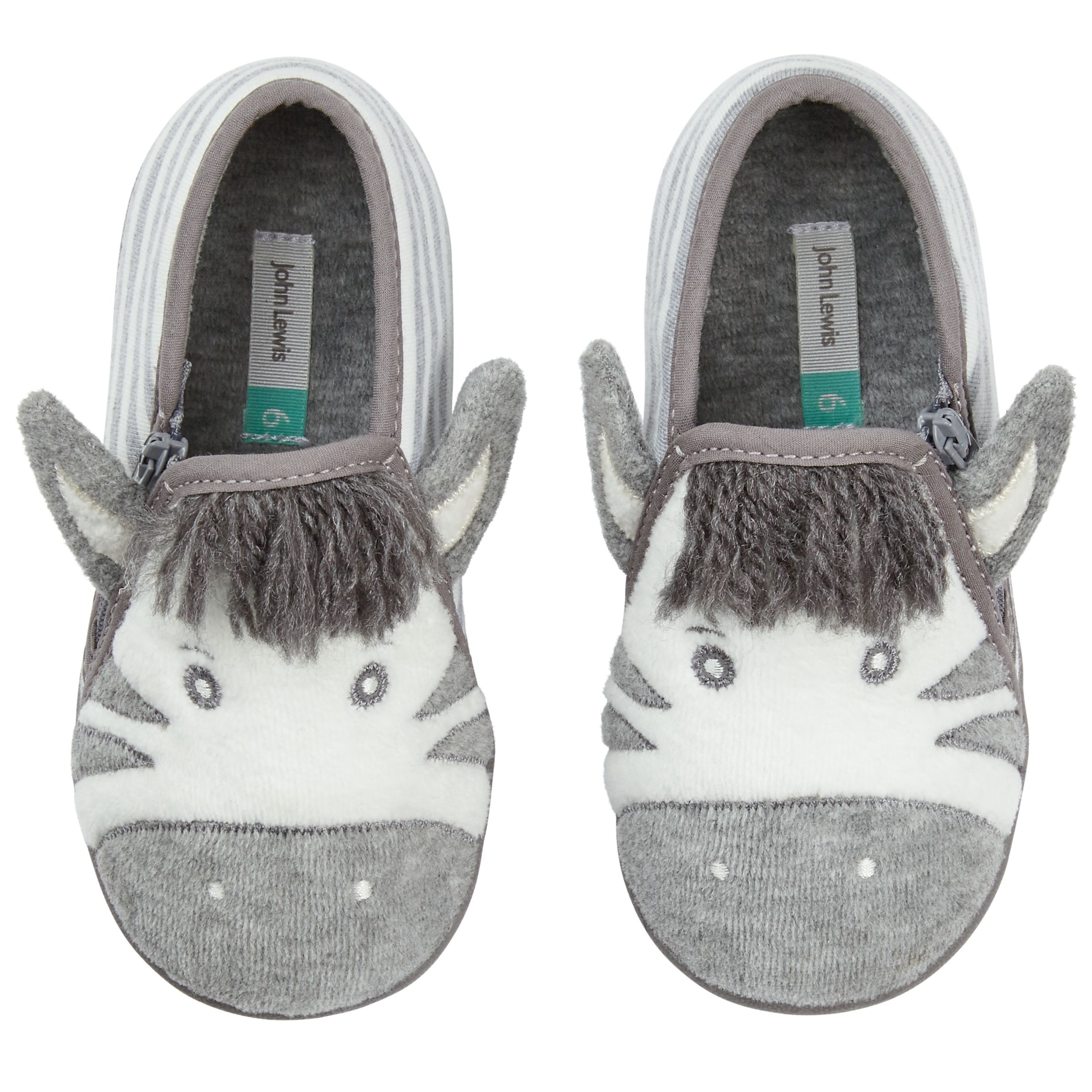 John Lewis & Partners Baby Zebra Slippers, Grey
