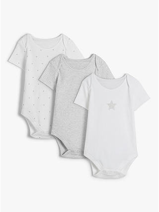 John Lewis Baby GOTS Organic Cotton Stars and Stripe Bodysuits, Pack of 3, Grey/White