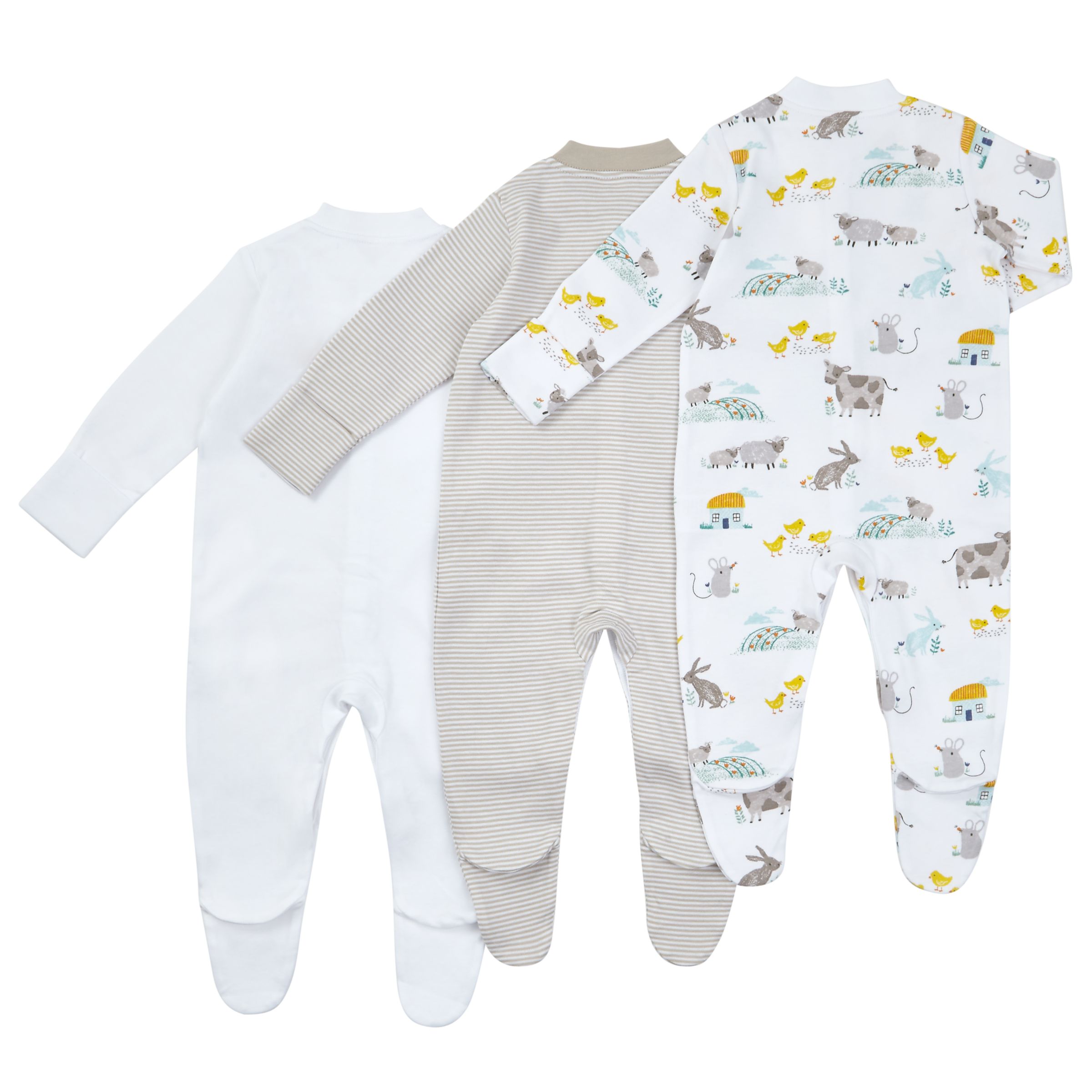 John Lewis Baby GOTS Organic Cotton Farm Animal Sleepsuit, Pack of 3 ...