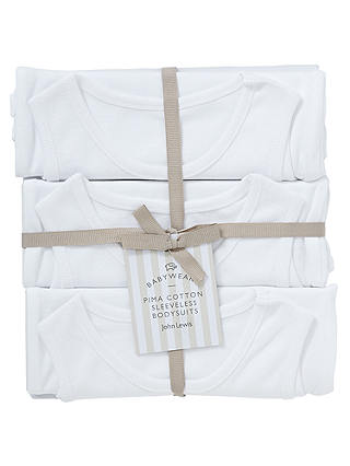 John Lewis Baby Pima Cotton Sleeveless Bodysuit, Pack of 3, White