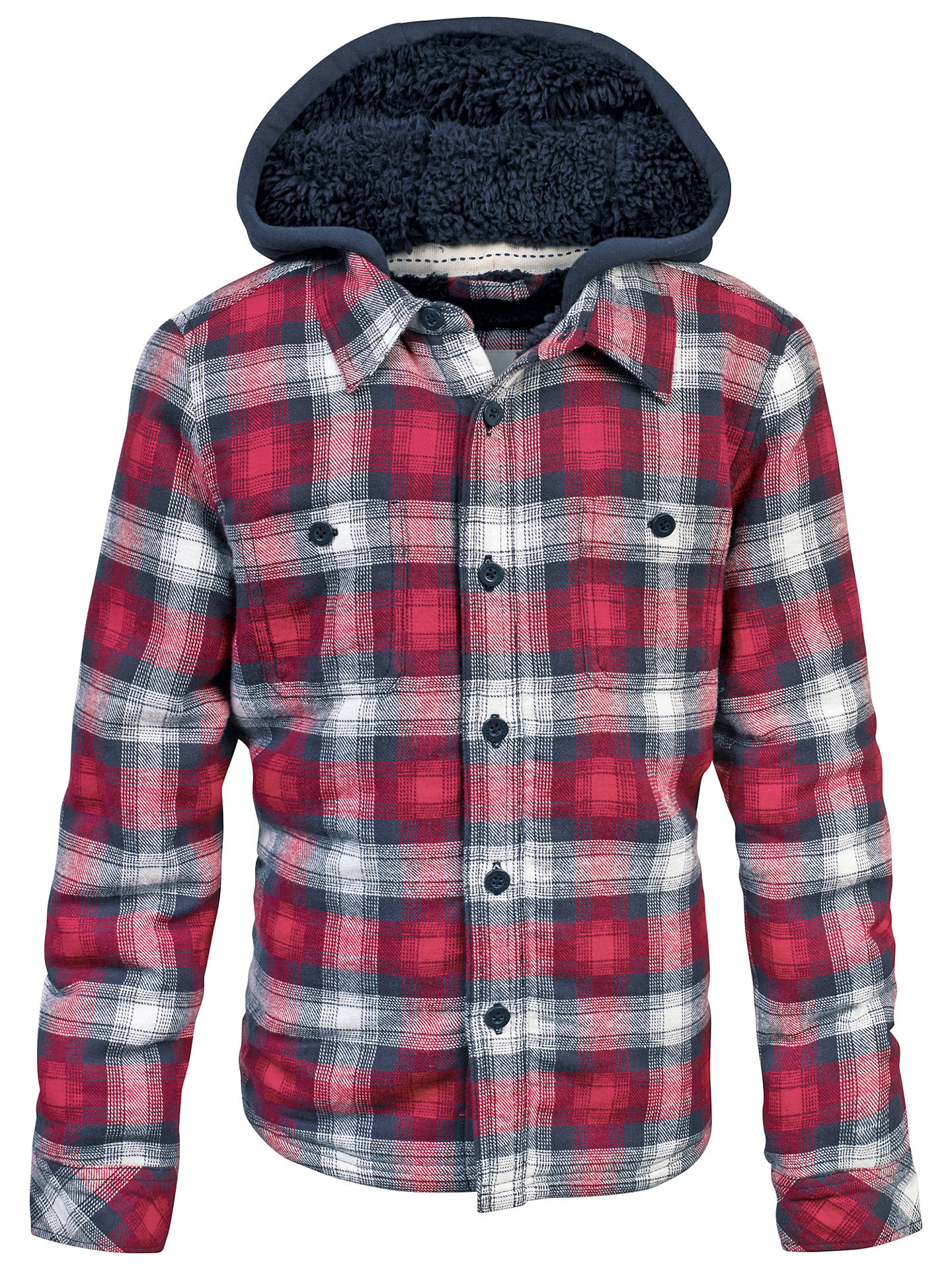 Fat Face Boys' Warmwell Hooded Check Shacket, Red at John Lewis & Partners