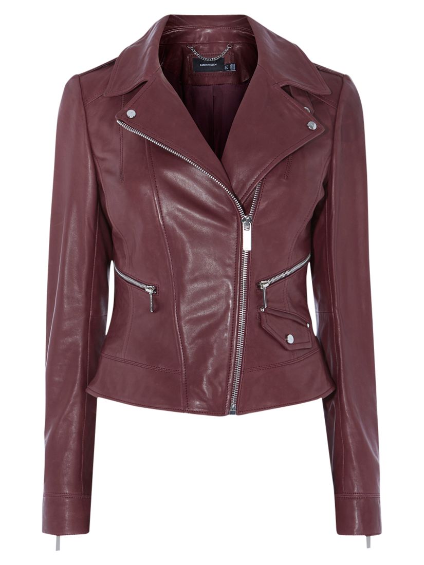 Karen Millen Investment Leather Biker Jacket, Dark Red at John Lewis ...