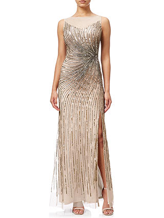 Adrianna Papell Sleeveless Beaded Mermaid Slit Gown, Taupe Pink