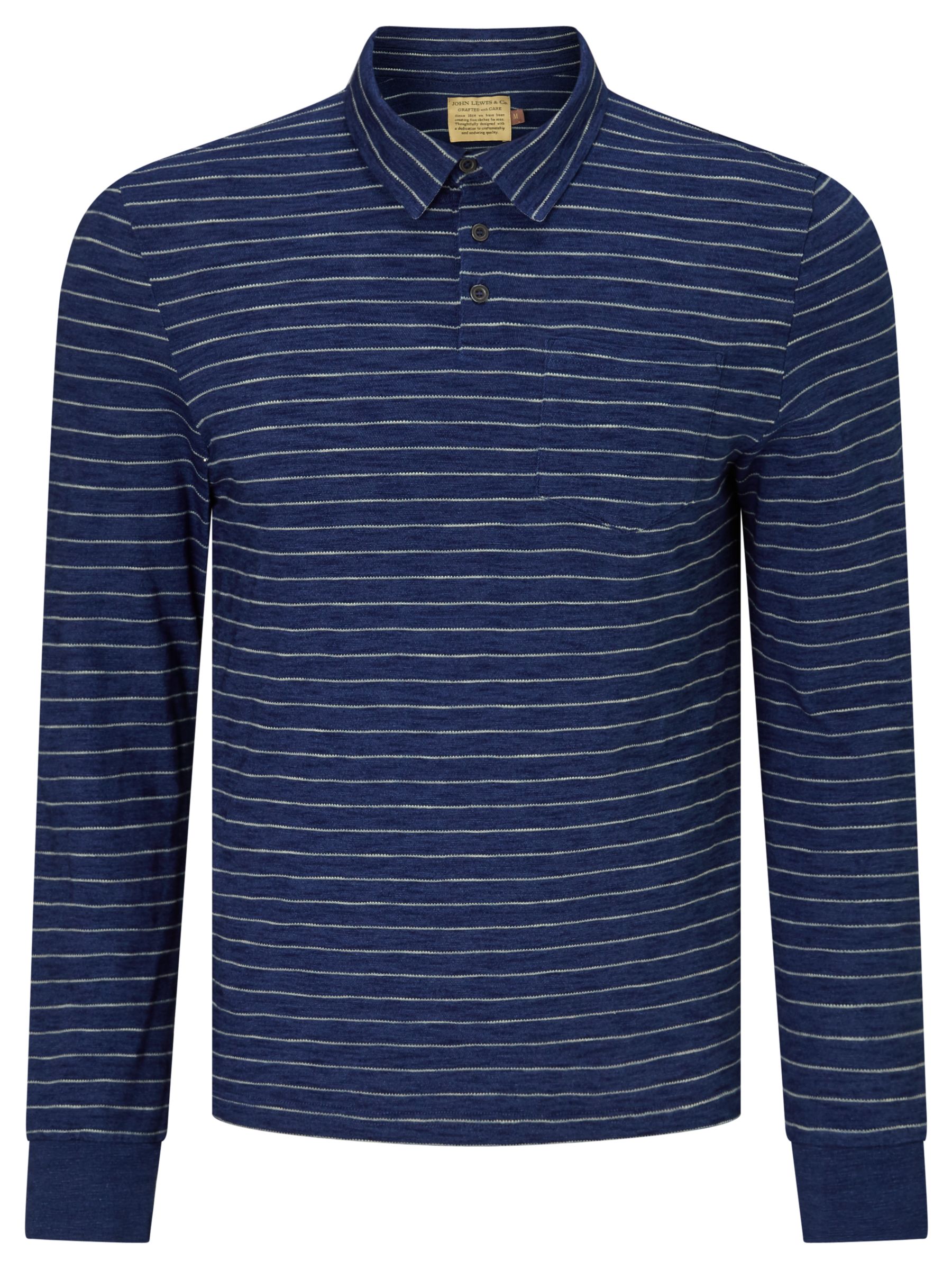 JOHN LEWIS & Co. Stripe Long Sleeve Polo Shirt, Indigo, XXL