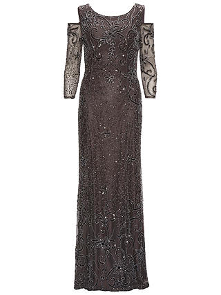 Gina Bacconi Beaded Maxi Dress With Cut Out Shoulder, Pewter