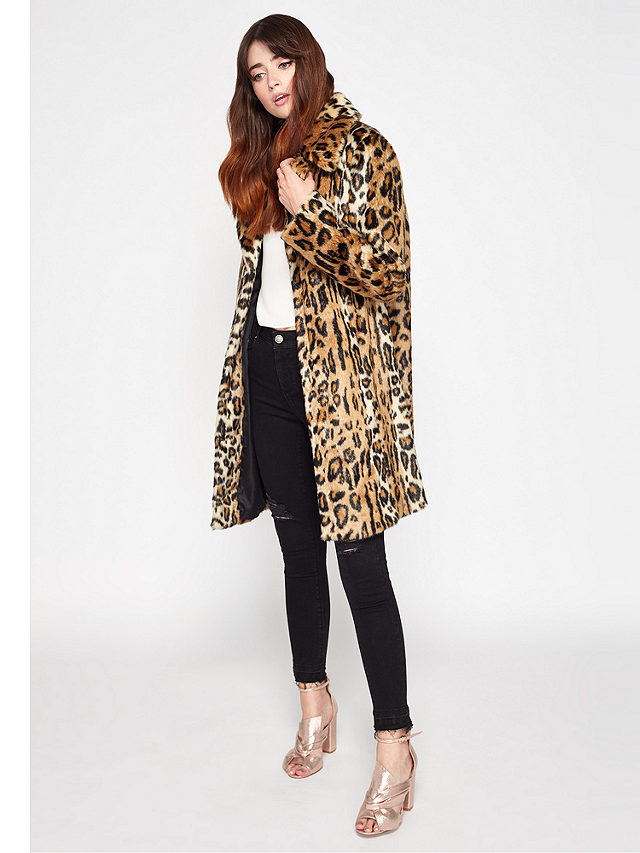 Miss Selfridge Leopard Print Faux Fur Coat, Mid Brown, S
