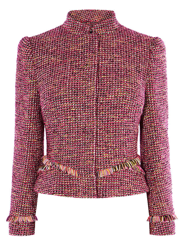 Karen Millen Fringed Tweed Jacket, Pink/Multi at John Lewis & Partners