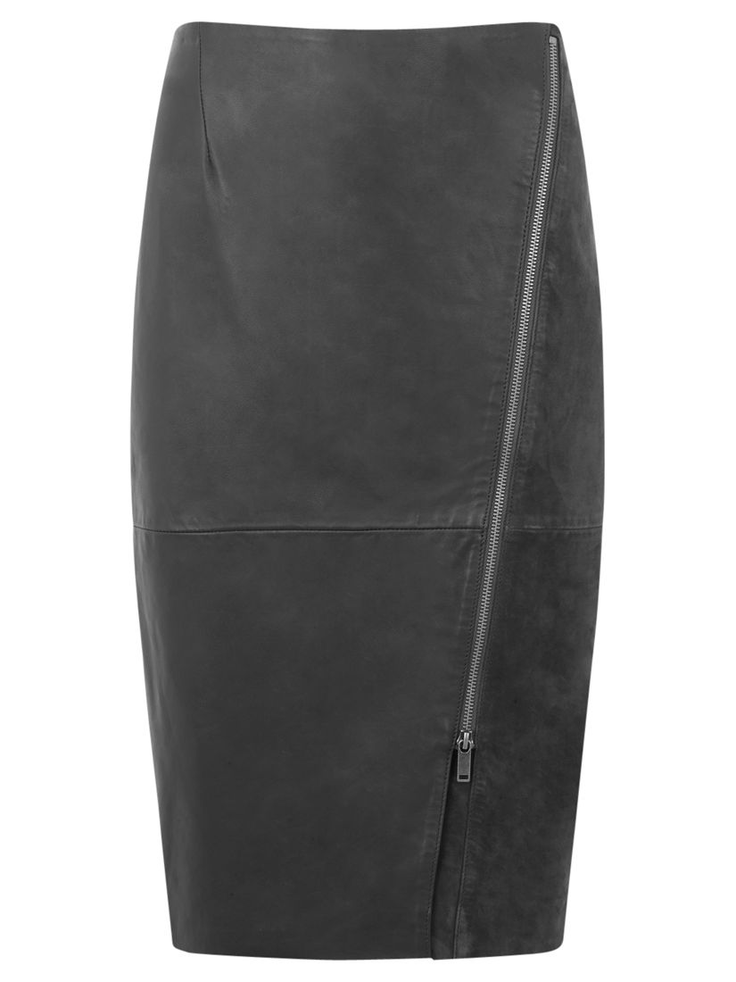 Mint Velvet Leather Diagonal Zip Pencil Skirt, Grey