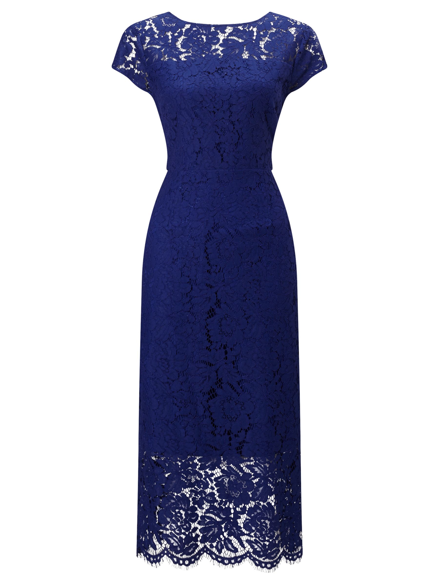 John Lewis & Partners Short Sleeve Lace Dress, Blue, 18