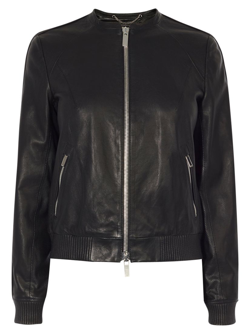 Karen Millen Leather Bomber Jacket, Black