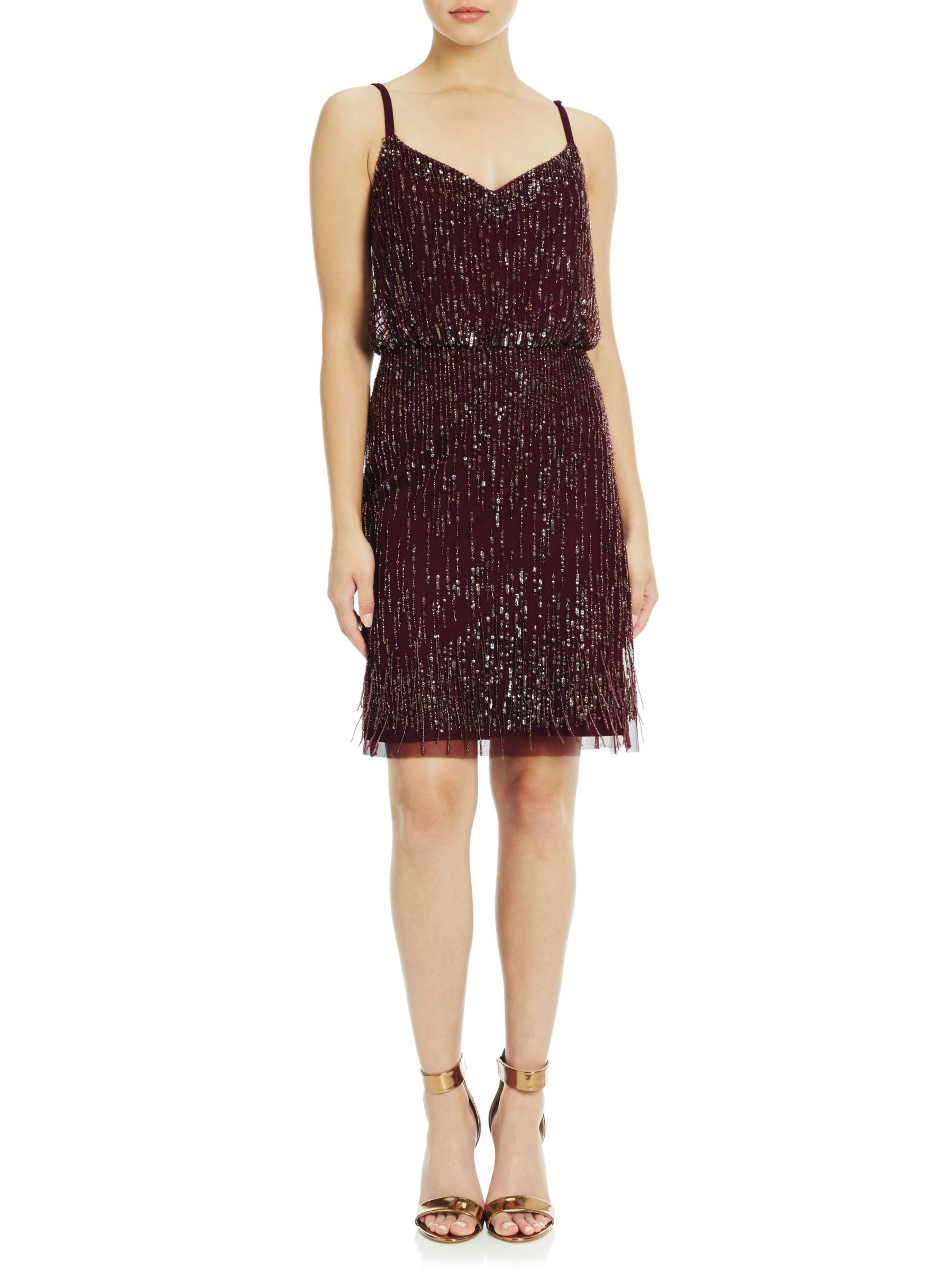 Adrianna Papell Spaghetti Strap Cocktail Dress With Fringe Detail, Cassis