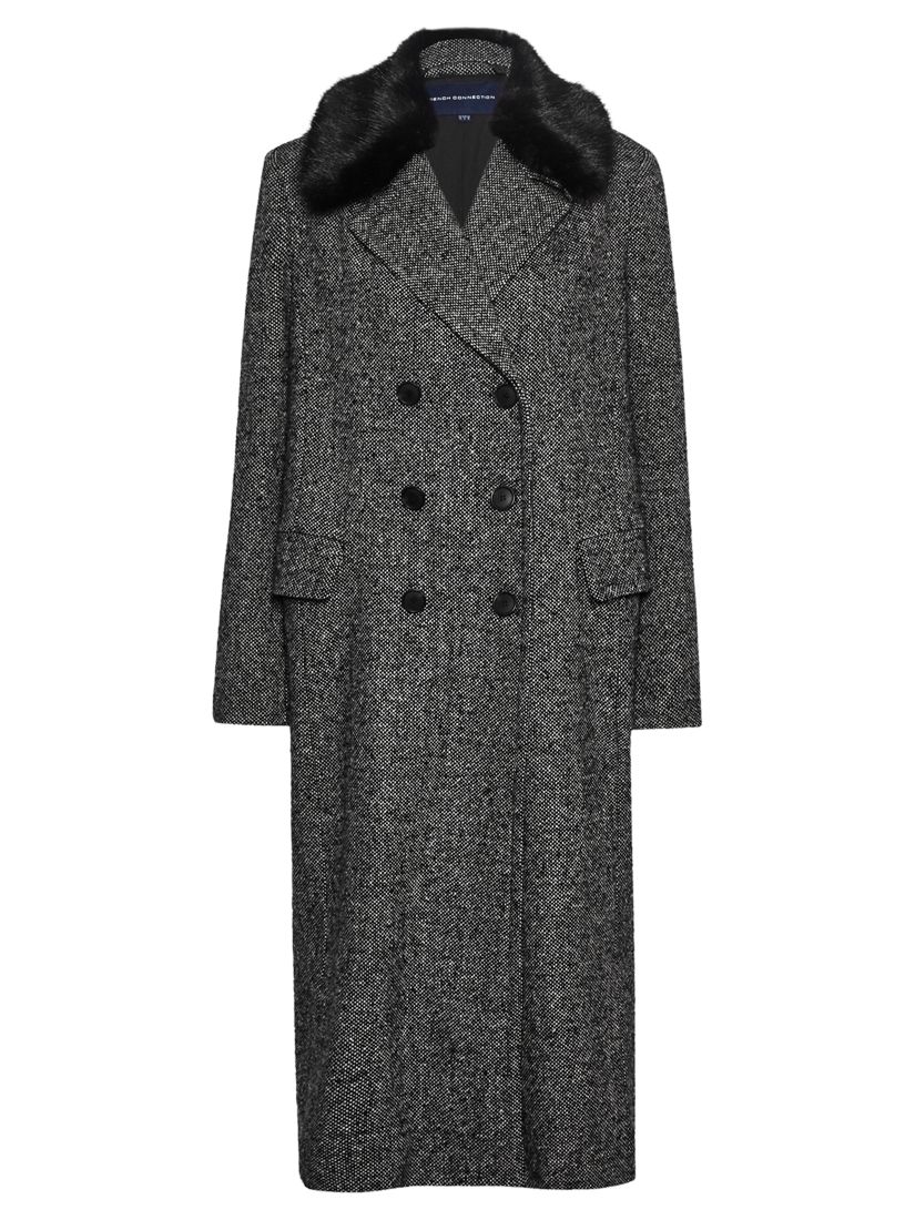 French Connection Rupert Tweed Double Breasted Coat, Black/White