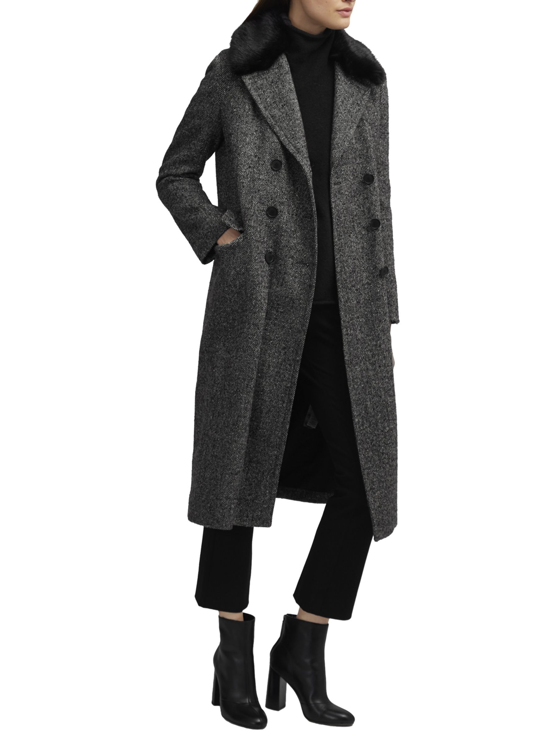 French Connection Rupert Tweed Double Breasted Coat, Black/White