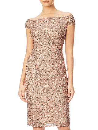 Adrianna Papell Off Shoulder Bead Dress, Rose Gold