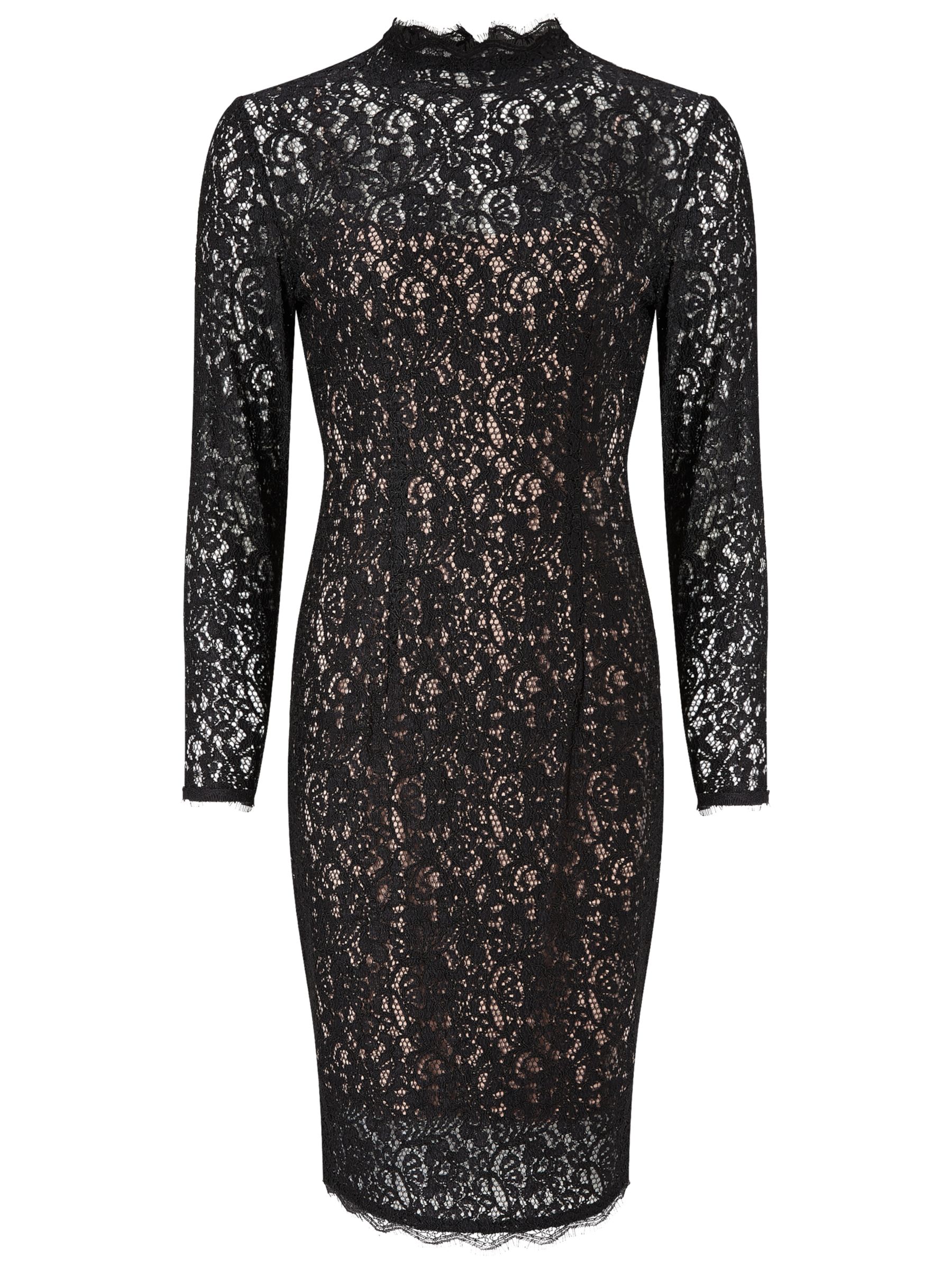Adrianna Papell High Neck Lace Illusion Dress, Black/Nude