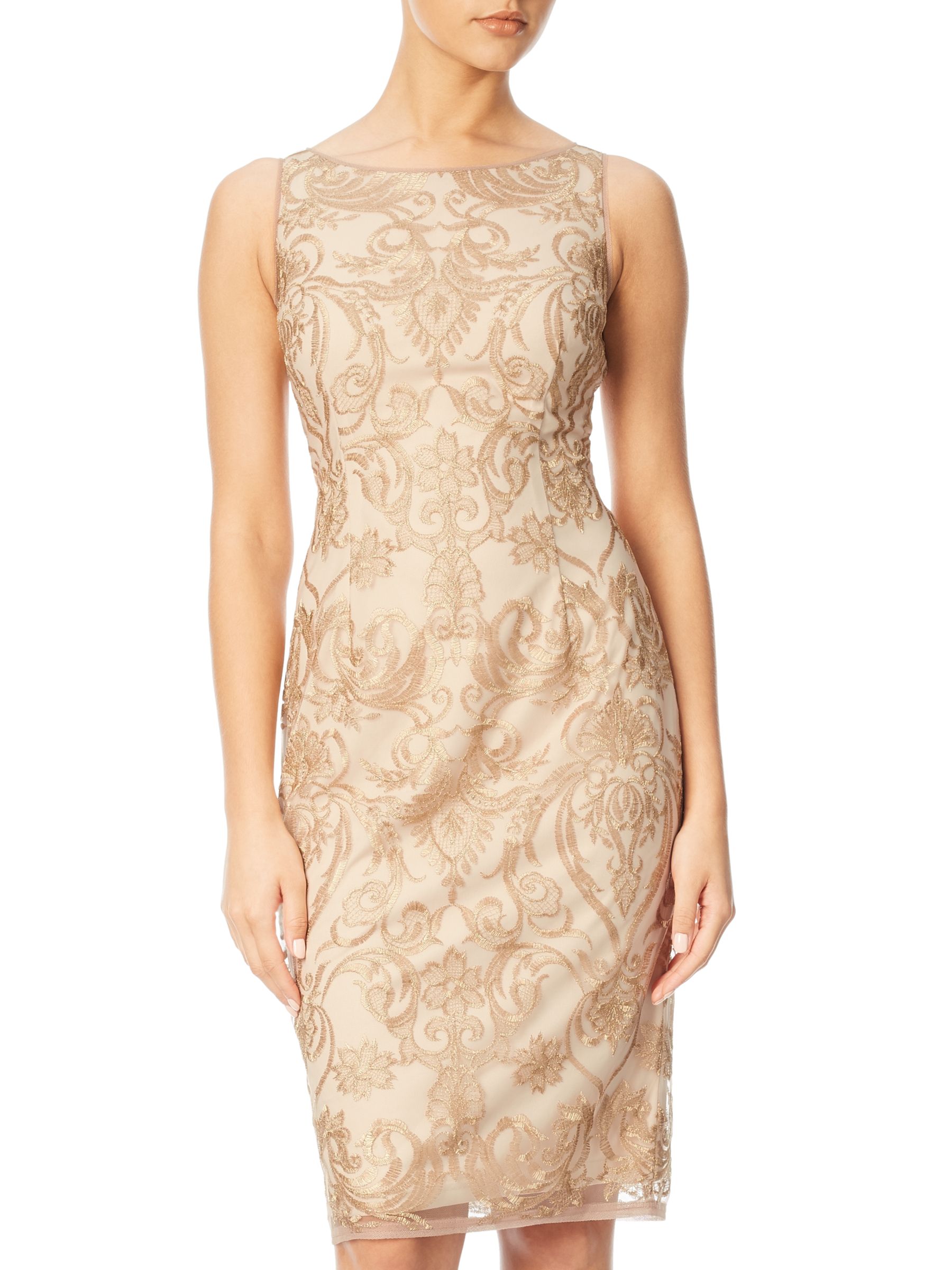 Adrianna Papell Sleeveless Embroidered Floral Cocktail Dress, Rose Gold/Nude