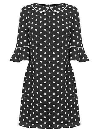 Oasis Spot Fluted Sleeve Dress, Black/White