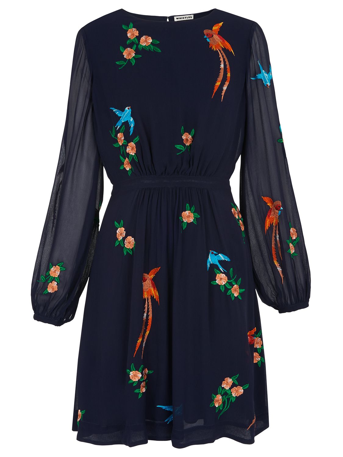 Whistles Aria Embroidered Bird Dress, Blue/Multi at John Lewis
