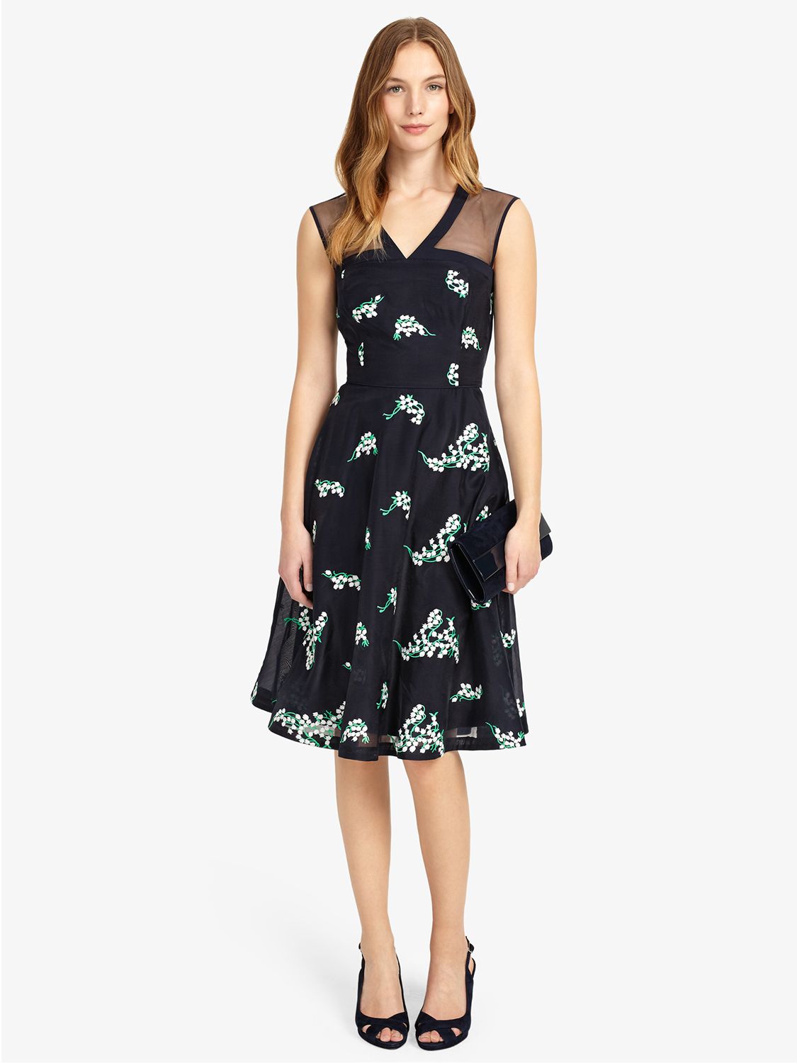 Phase Eight Connie Embroidered Dress, Navy/Ivory at John Lewis & Partners