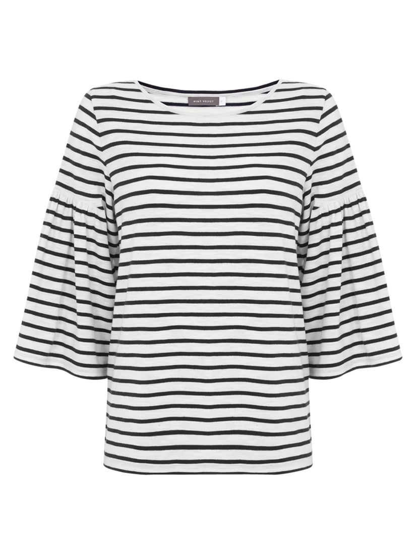 Mint Velvet Striped Fluted Sleeve T-Shirt, Navy/Ivory at John Lewis ...