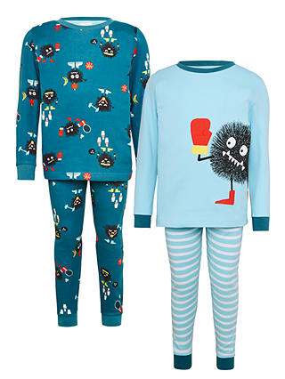 John Lewis & Partners Children's Sports Monster Pyjamas, Pack of 2, Teal/Blue