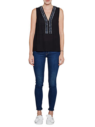 French Connection Karlo Drape Embellished Top, Utility Blue