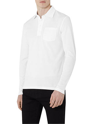 Reiss Santi Pique Cotton Long Sleeve Polo Shirt, White