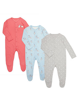 John Lewis & Partners Baby Rabbit Sleepsuit, Pack of 3, Pink/Multi