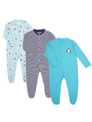 John Lewis & Partners Baby GOTS Organic Arctic Sleepsuit, Pack of 3, Blue/Multi