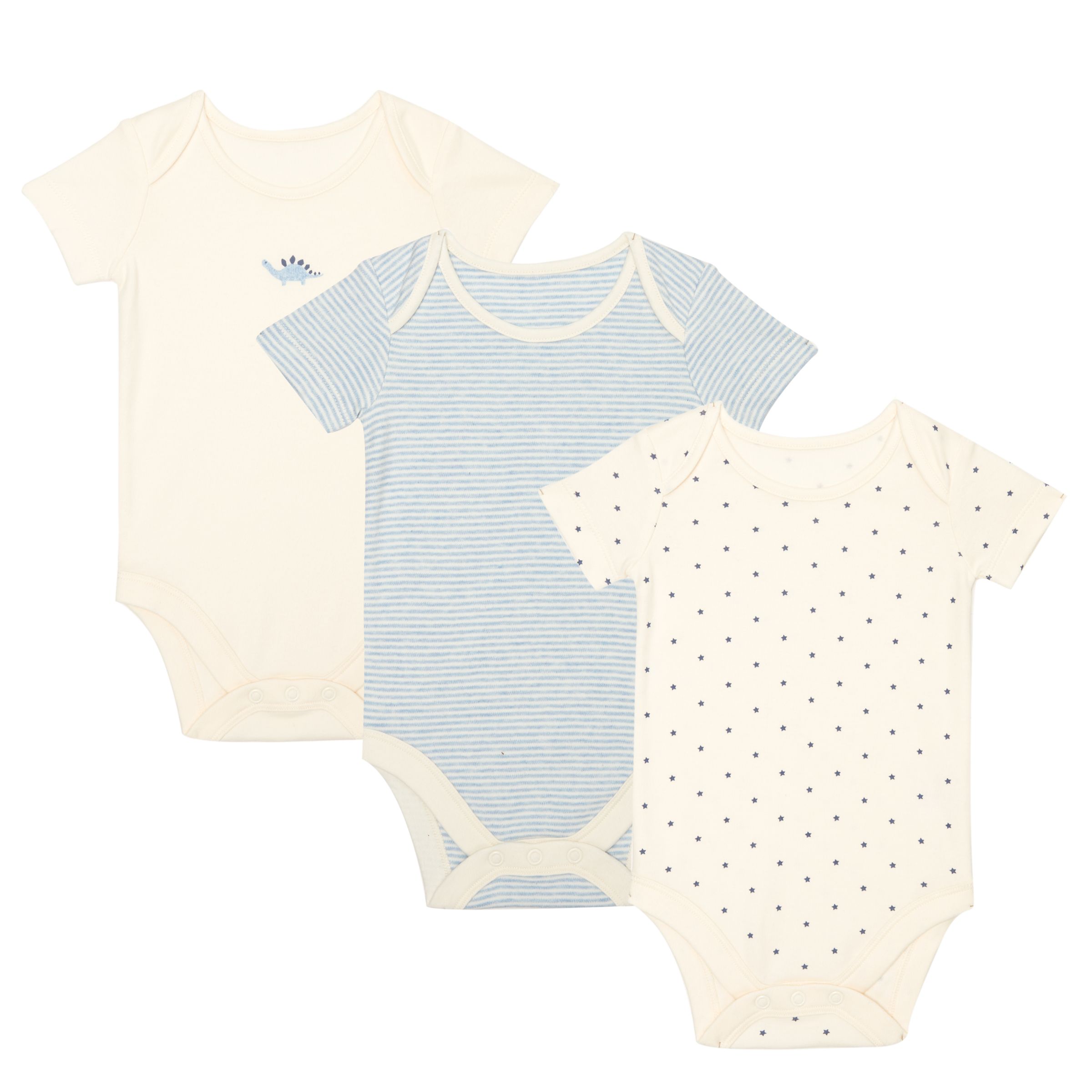 John Lewis & Partners Baby GOTS Organic Dinostars Bodysuit, Pack of 3, Blue/Multi