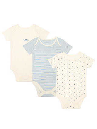 John Lewis & Partners Baby GOTS Organic Dinostars Bodysuit, Pack of 3, Blue/Multi