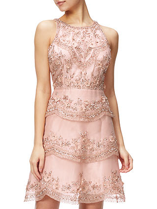 Adrianna Papell Halterneck Beaded Cocktail Dress, Rose Gold
