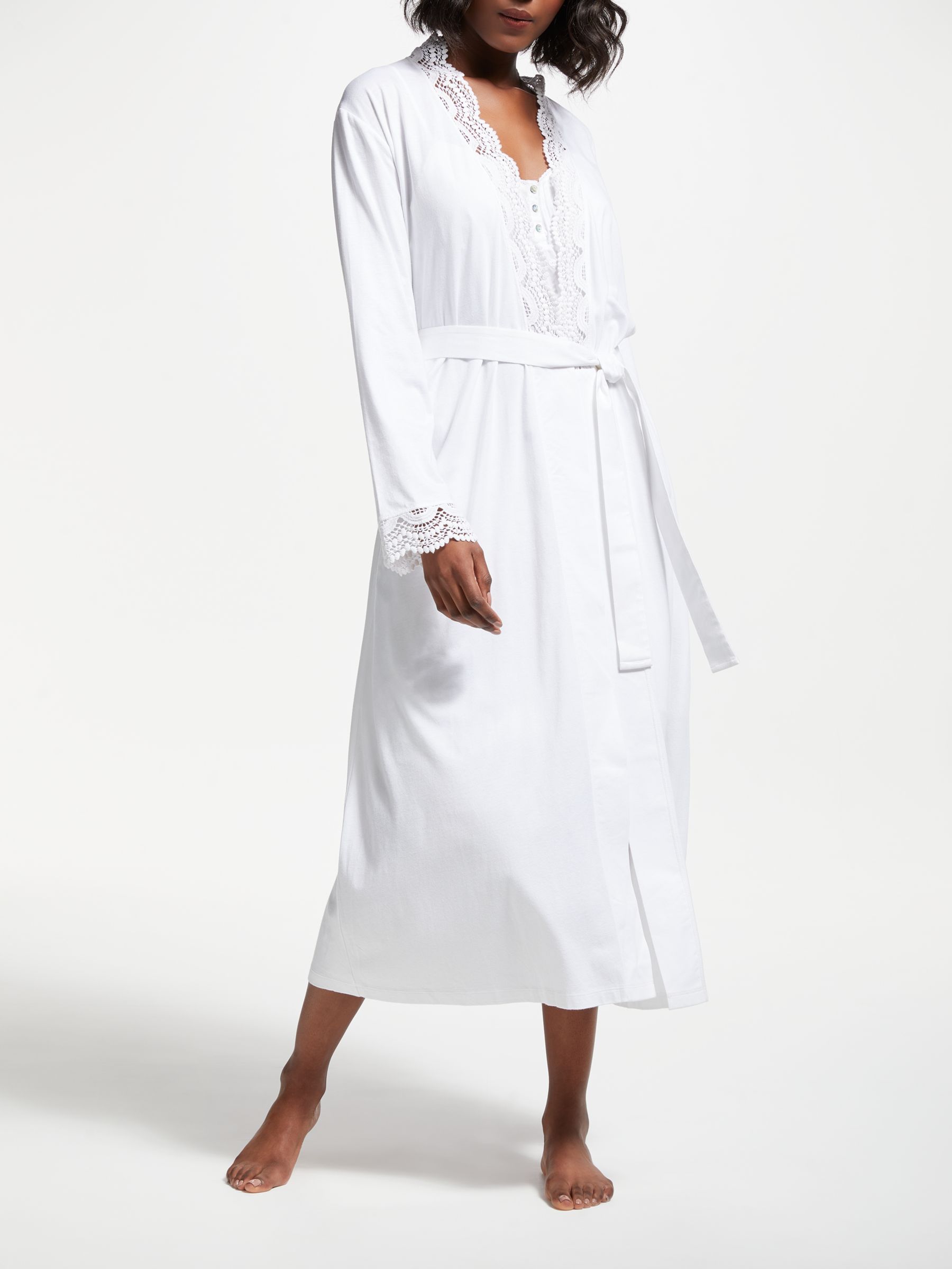 John Lewis & Partners Lace Trim Jersey Dressing Gown, White, S