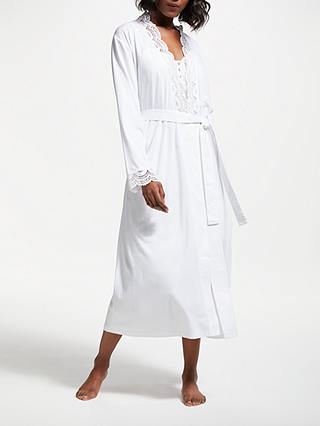 John Lewis & Partners Lace Trim Jersey Dressing Gown, White