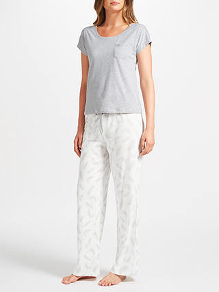 John Lewis & Partners Amelia Feather Print Short Sleeve Jersey Pyjama Set, Grey/White