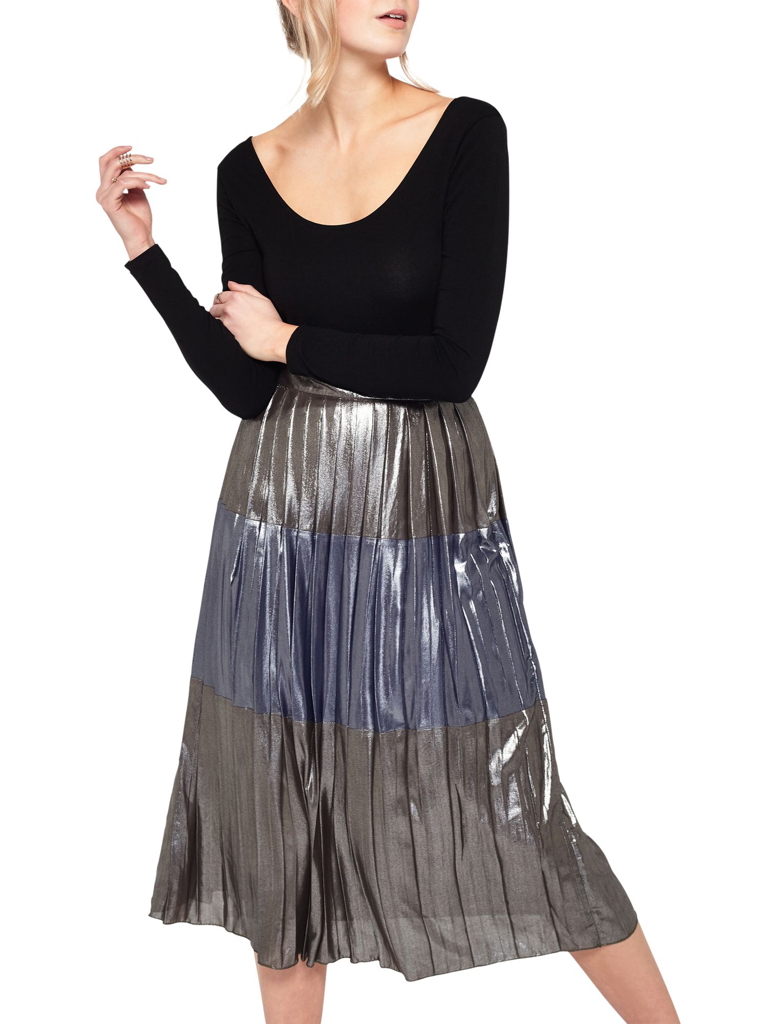 Miss Selfridge Metallic Stripe Midi Skirt, Silver