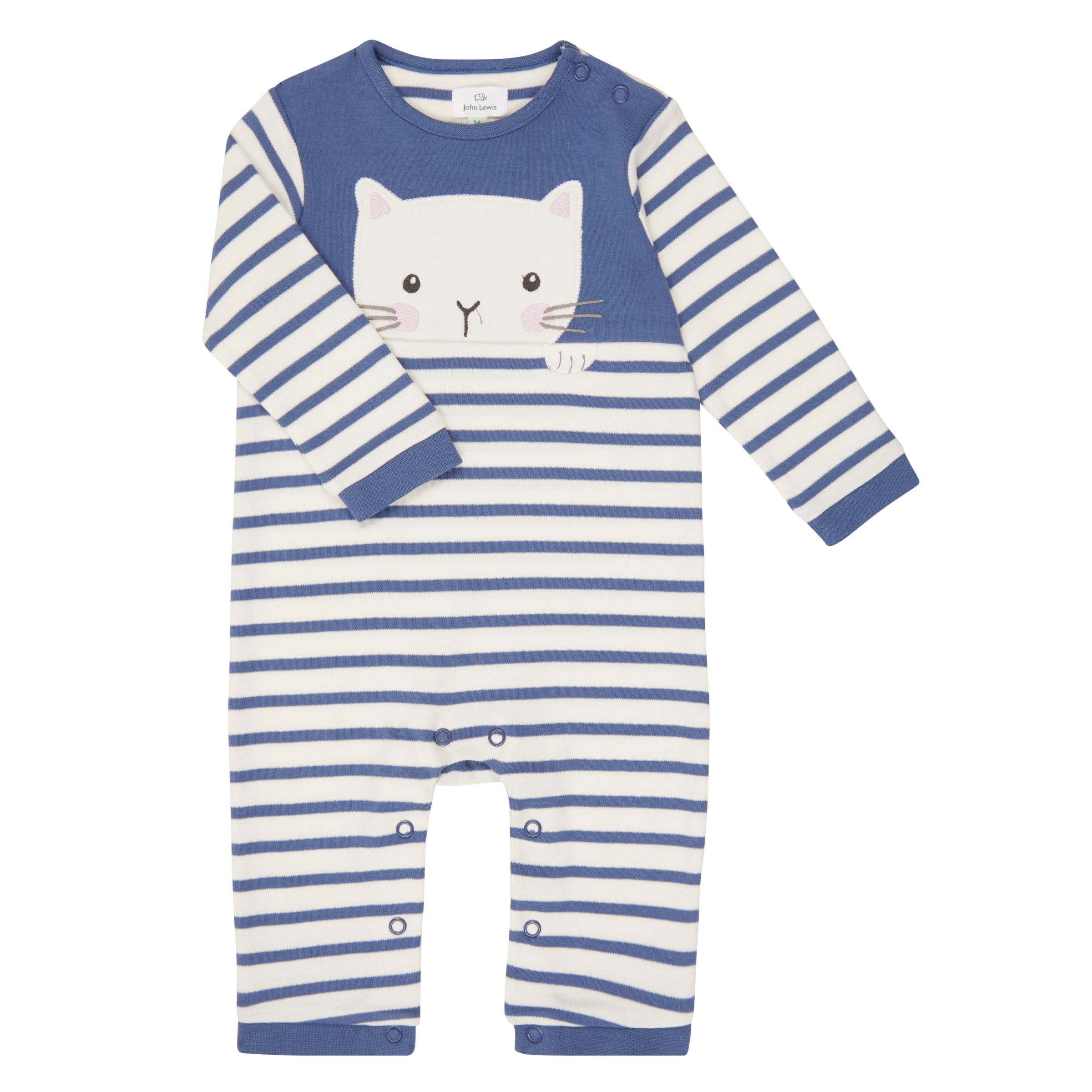 John Lewis & Partners Baby Stripe Cat Long Sleeve Jersey Romper, Blue/White